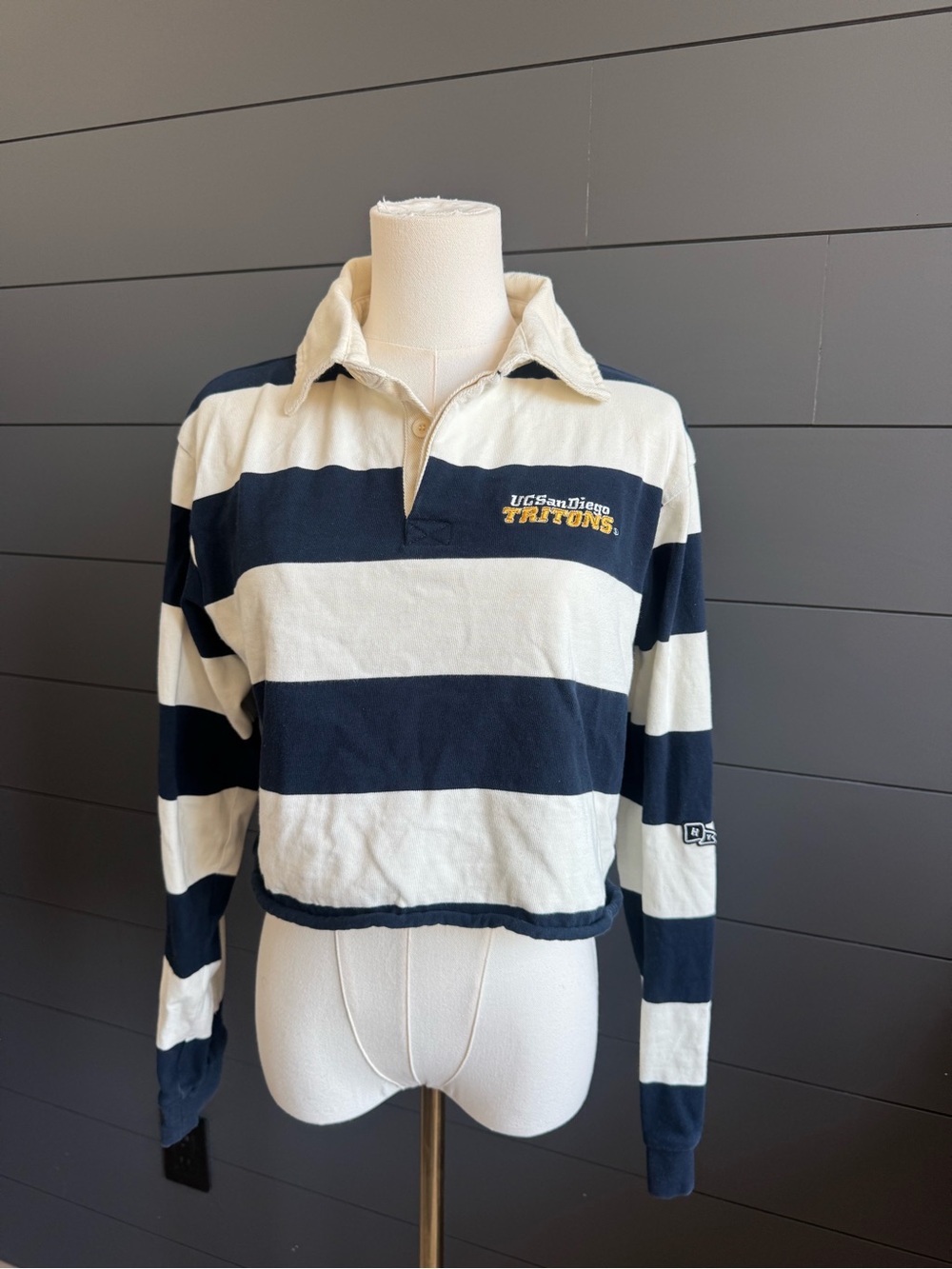 UC San Diego Tritons Navy and Cream Striped Rugby Cropped Top College Academia